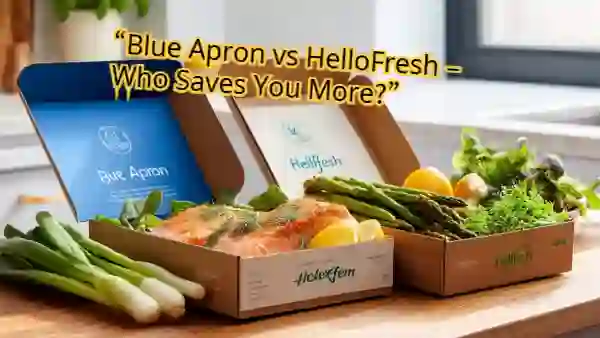 Two meal kit boxes, Blue Apron and HelloFresh, on a modern kitchen counter with fresh salmon, asparagus, and vegetables.